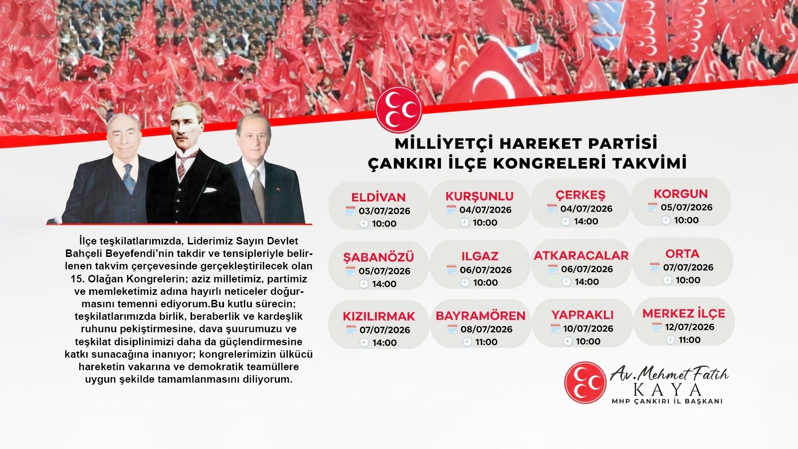 MHP Çankırı teşkilatlarında ilçe kongreleri Eldivan’da başlarken, İl Başkanı Mehmet